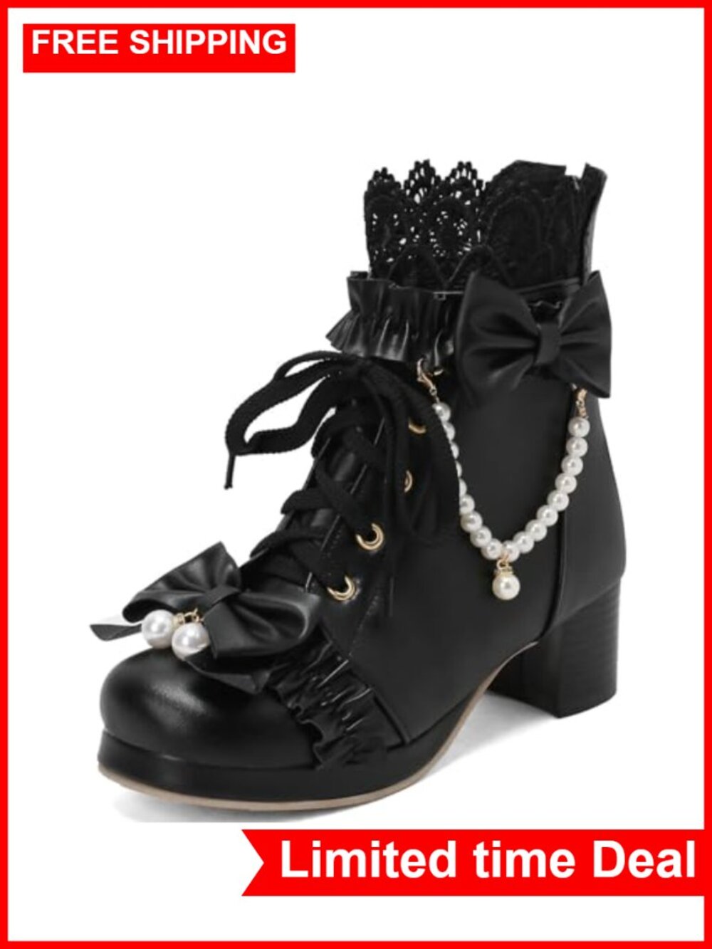 LUXMAX Women Cute Lolita Boots Chunky Mid Heel Lace Up Ankle Boots